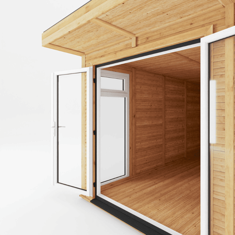 Wooden cabin with open doors on a white background