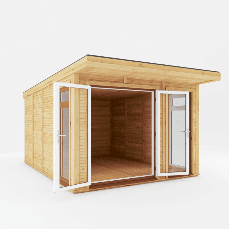 Wooden shed with glass doors on a white background