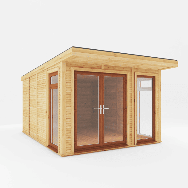 Wooden cabin with glass doors and windows on a white background