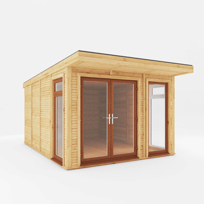 Wooden cabin with glass doors and windows on a white background