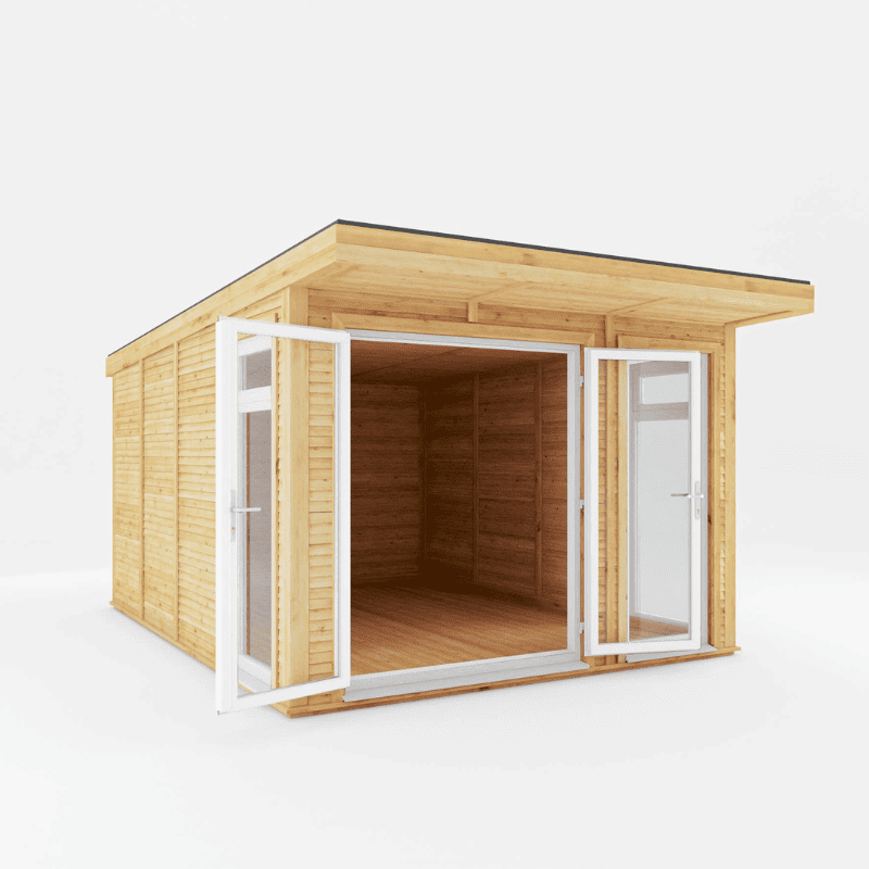 Wooden cabin with glass doors on a white background