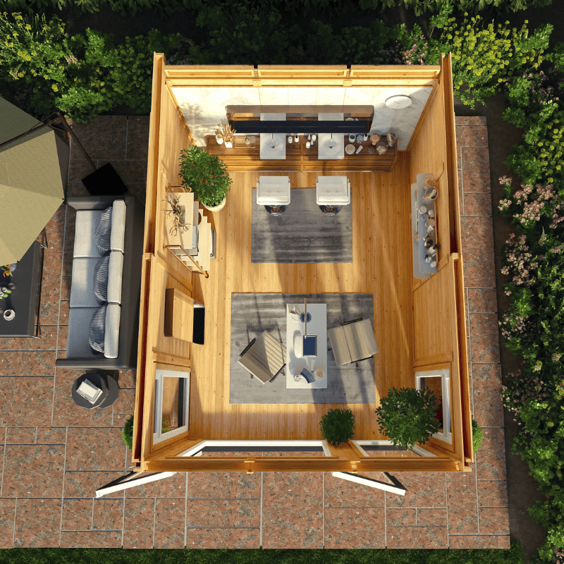 Top-down view of a modern outdoor patio with furniture and plants