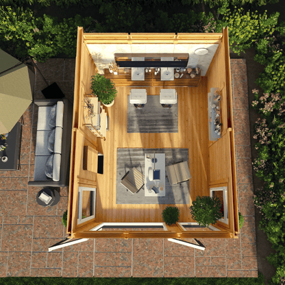 Top-down view of a modern outdoor patio with furniture and plants