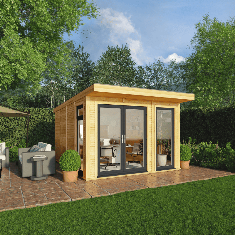 Wooden garden office with glass doors in a garden setting