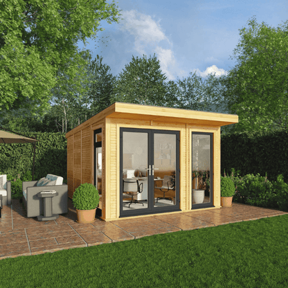 Wooden garden office with glass doors in a garden setting