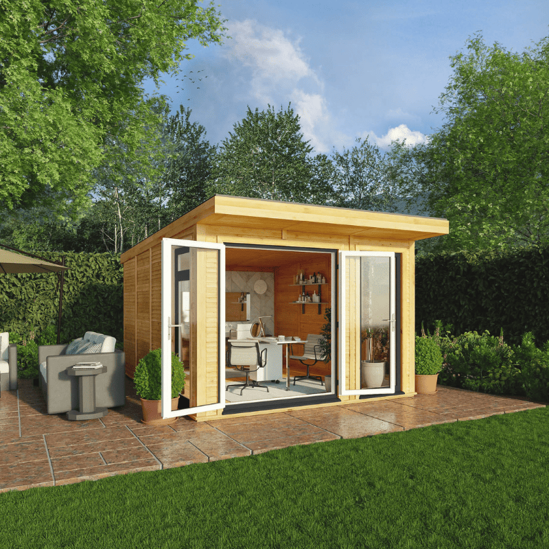 Wooden garden office with glass doors in a backyard setting