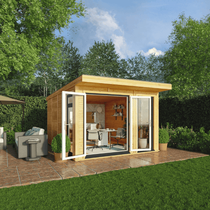 Wooden garden office with glass doors in a backyard setting