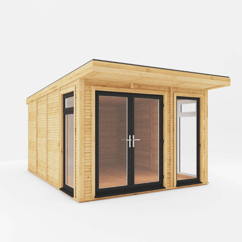 Wooden cabin with glass doors and windows on a white background
