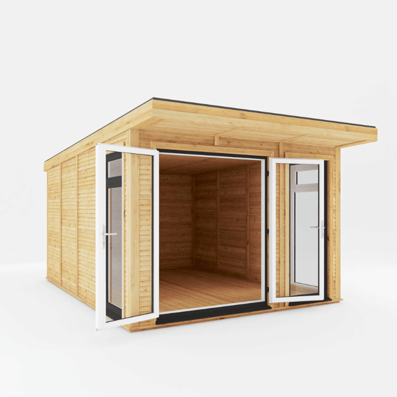 Wooden shed with glass doors on a white background