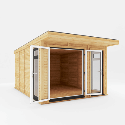 Wooden shed with glass doors on a white background