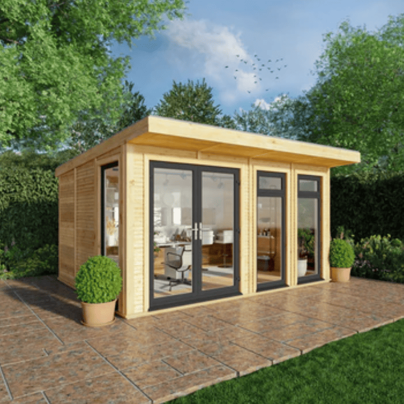 Wooden garden office with glass doors in a garden setting