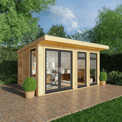 Wooden garden office with glass doors in a garden setting