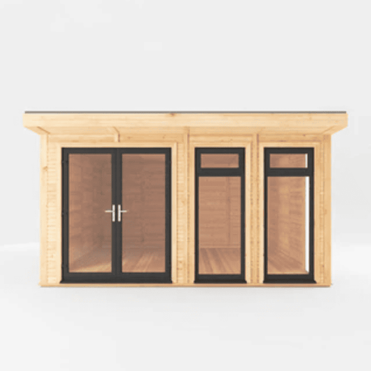 Wooden cabin with glass doors and windows on a white background
