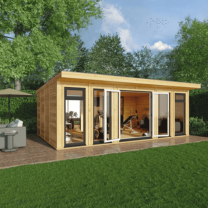Wooden garden office with large windows in a garden setting