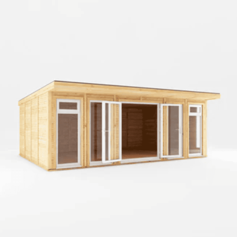 Wooden cabin with glass doors and windows on a white background