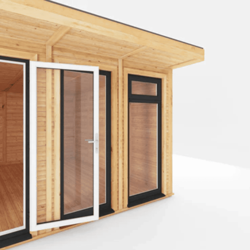 Wooden cabin with glass doors and windows on a white background
