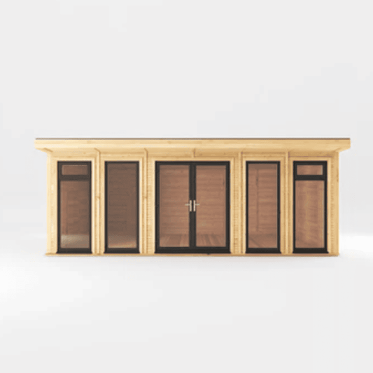 Wooden cabin with glass doors and windows on a white background