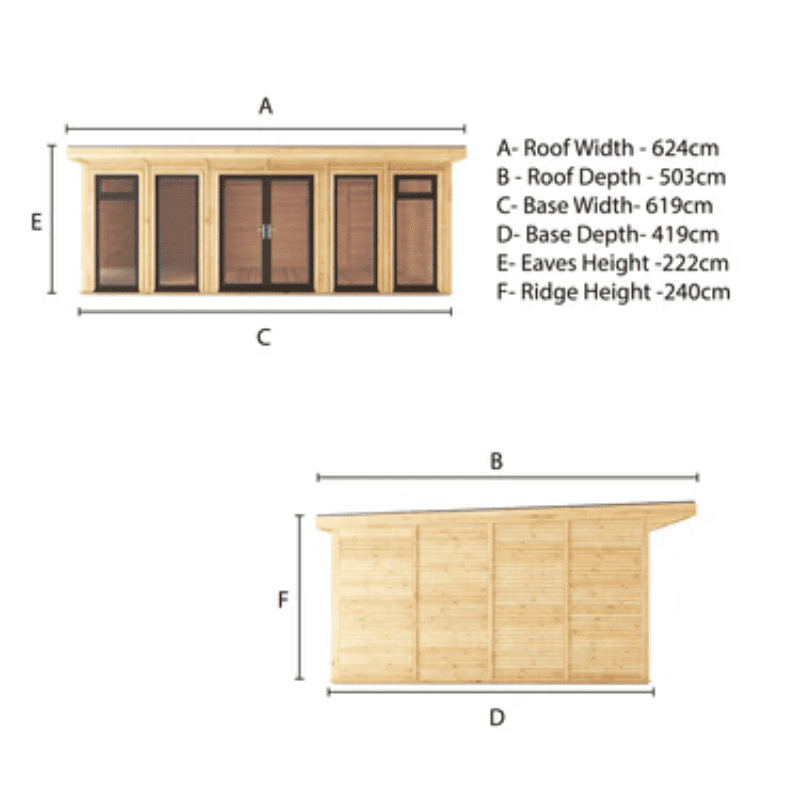 Dimensions of a wooden shed with labeled parts on a white background