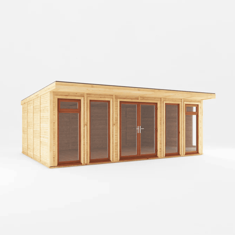 Wooden shed with glass doors and windows on a white background