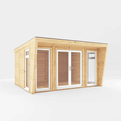 Wooden cabin with glass doors and windows on a white background