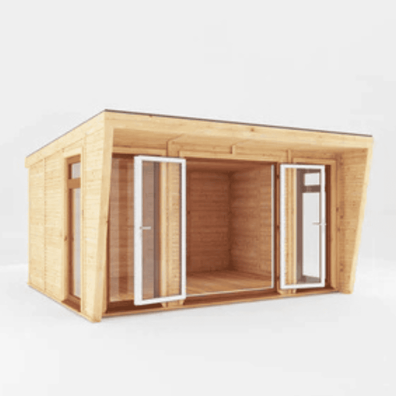Wooden cabin with glass doors on a white background