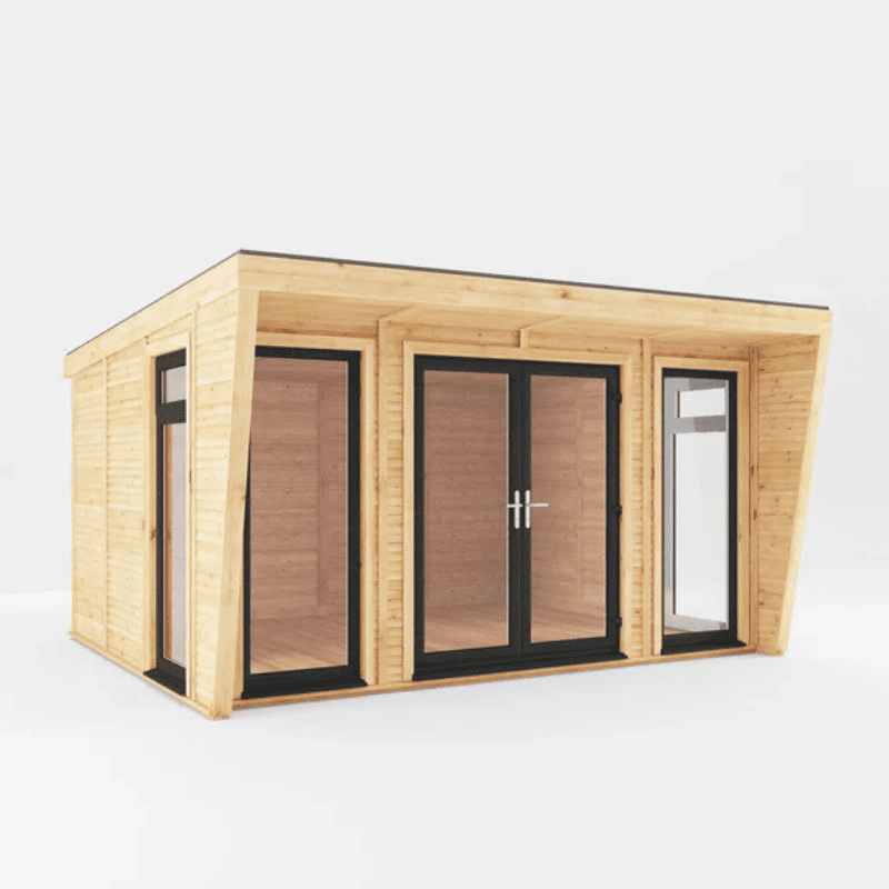 Wooden cabin with glass doors and windows on a white background