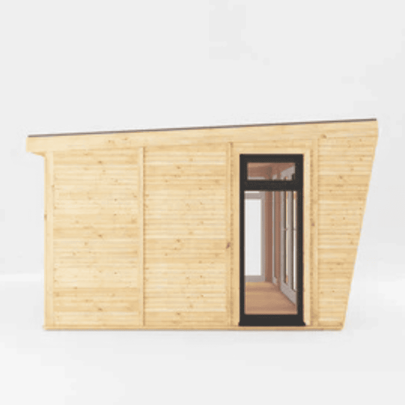 Wooden cabin with a glass door on a white background