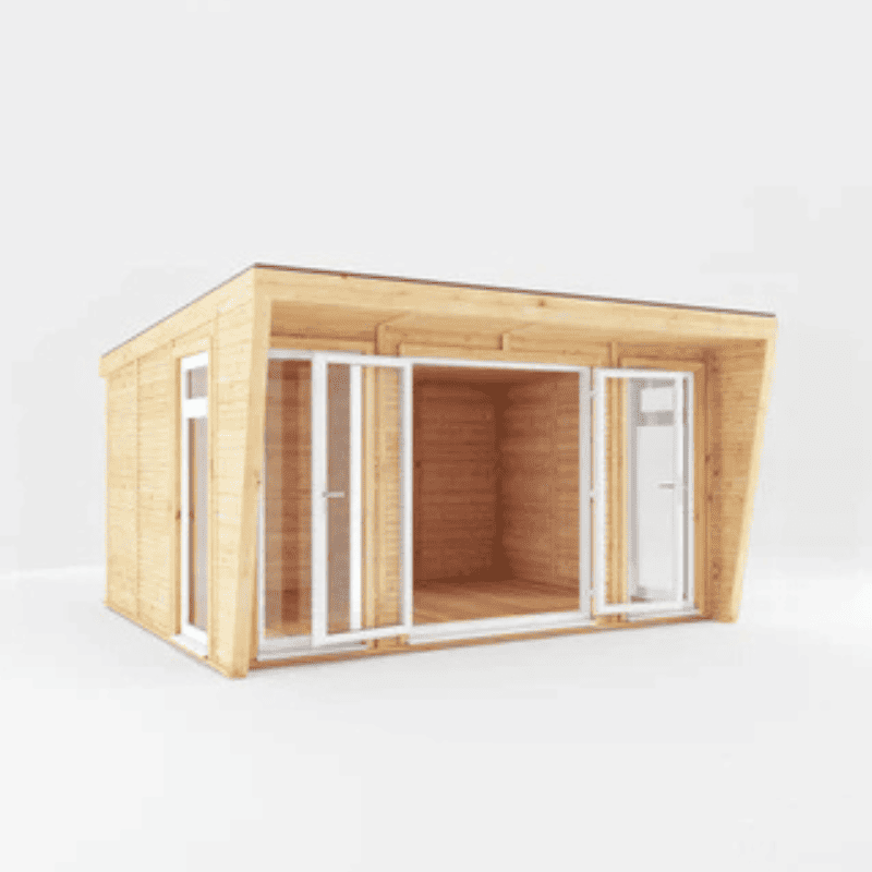 Wooden cabin with large windows on a white background