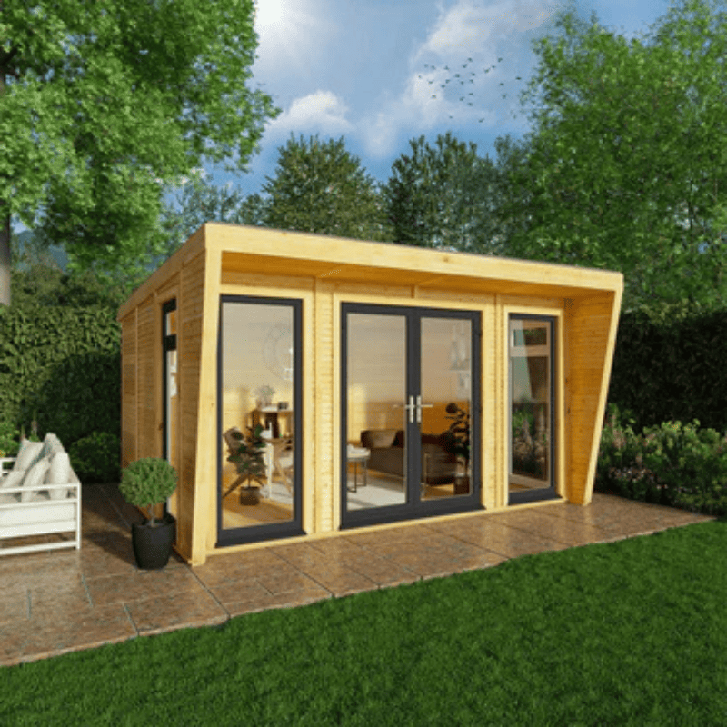 Wooden garden office with glass doors in a garden setting