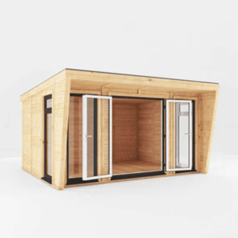 Wooden cabin with glass doors on a white background
