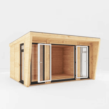 Wooden cabin with glass doors on a white background