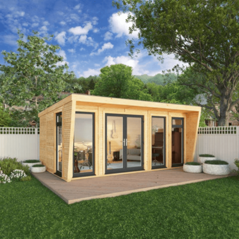 Wooden garden office with glass doors in a green, tree-lined backyard.