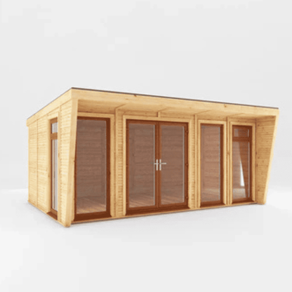 Wooden cabin with glass doors and windows on a white background