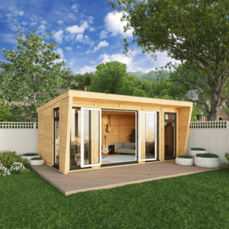 Wooden garden office with large windows in a garden setting