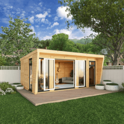 Wooden garden office with large windows in a garden setting