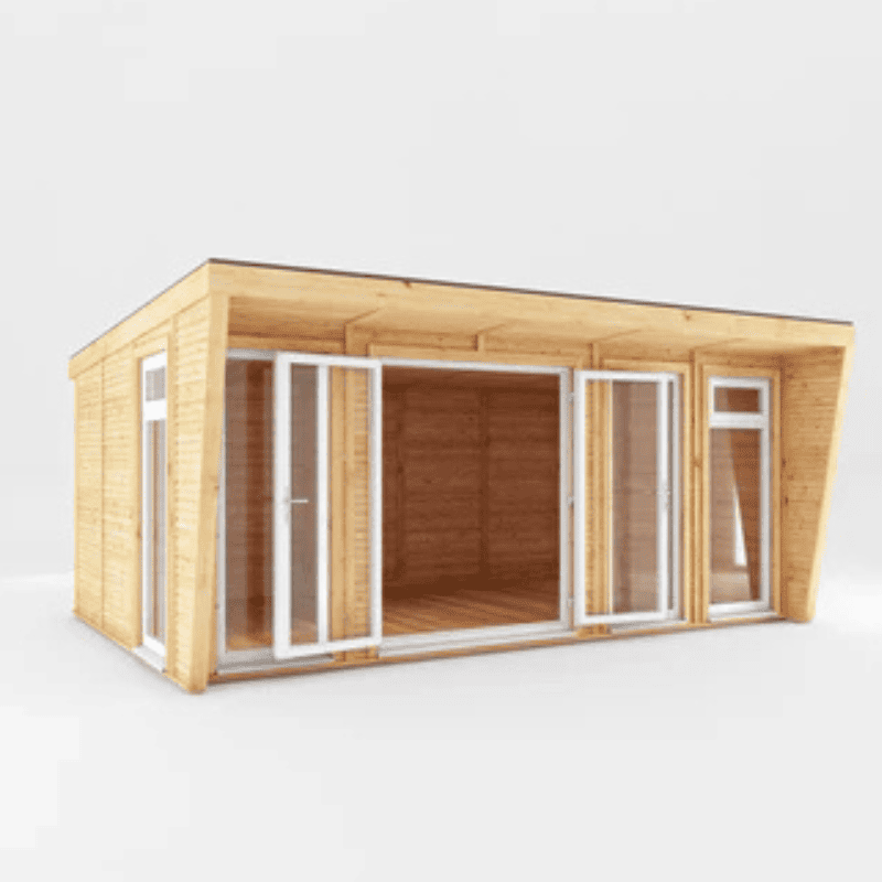 Wooden cabin with glass doors and windows on a white background