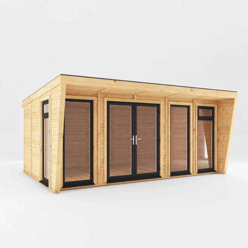 Wooden cabin with glass doors and windows on a white background