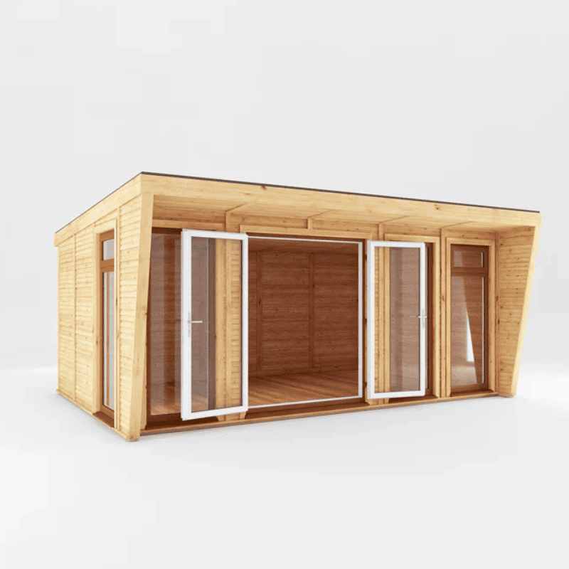 Wooden cabin with glass doors on a white background