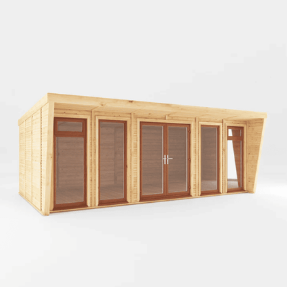 Wooden cabin with glass doors and windows on a white background