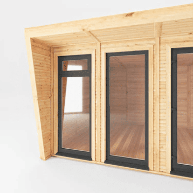 Wooden cabin with glass doors on a white background