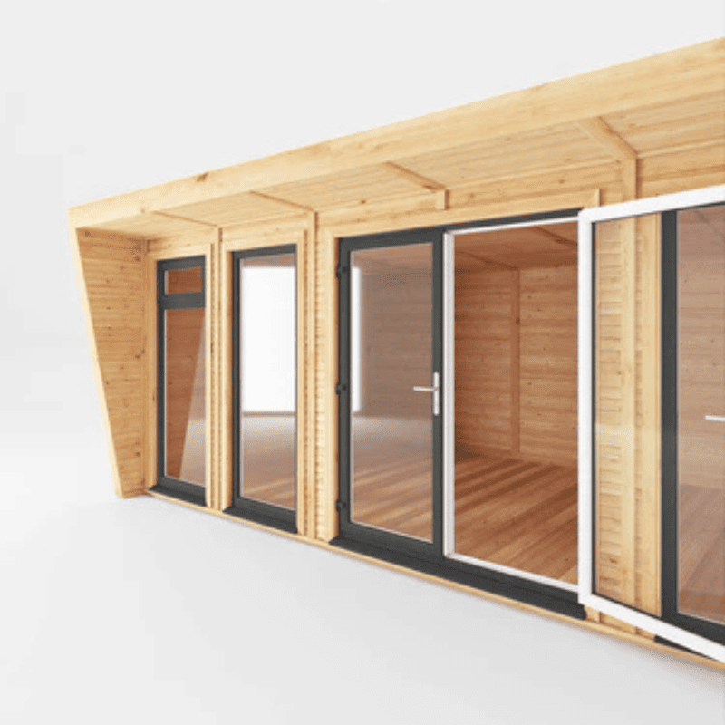 Wooden modular building with glass doors and windows on a white background
