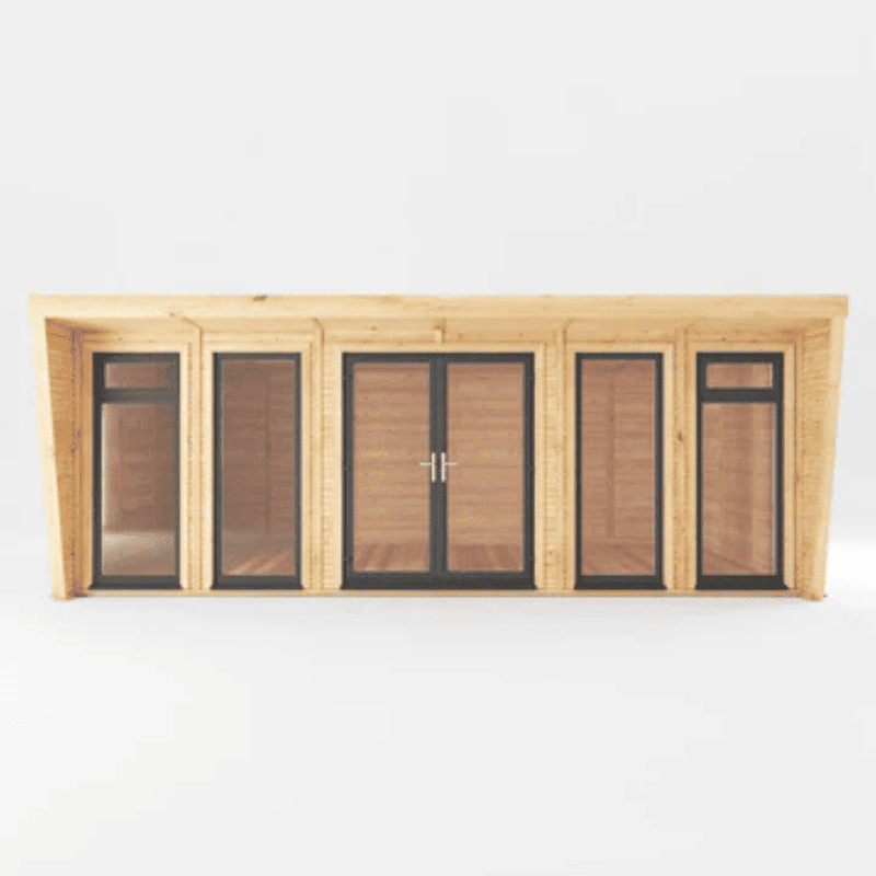 Wooden cabin with glass doors and windows on a white background