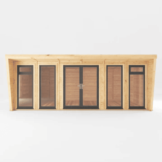 Wooden cabin with glass doors and windows on a white background