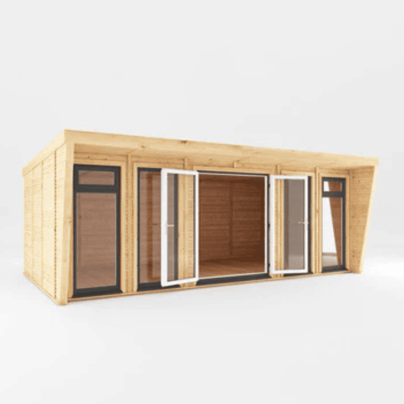 Wooden cabin with glass doors on a white background