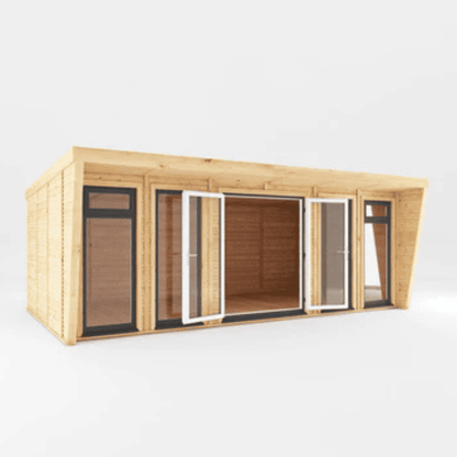 Wooden cabin with glass doors on a white background