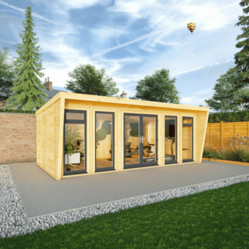 Modern wooden cabin with glass doors in a garden setting