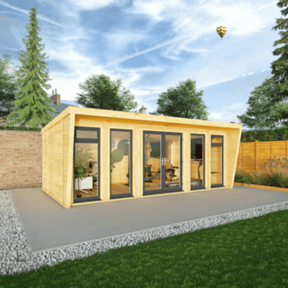 Modern wooden cabin with glass doors in a garden setting
