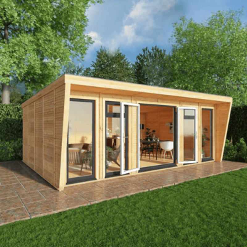 Wooden garden office with large glass windows in a garden setting