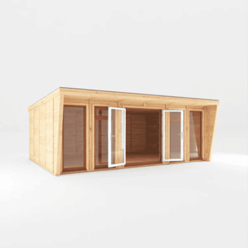 Wooden cabin with glass doors on a white background