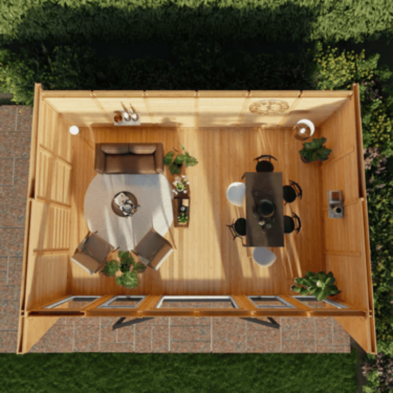 Top-down view of a wooden outdoor kitchen with various appliances and furniture.